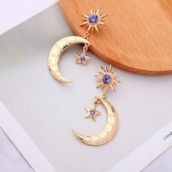 New 18K Gold Plated Brass Amethyst Sun Moon & Star Earrings lol - Picture 2 of 4